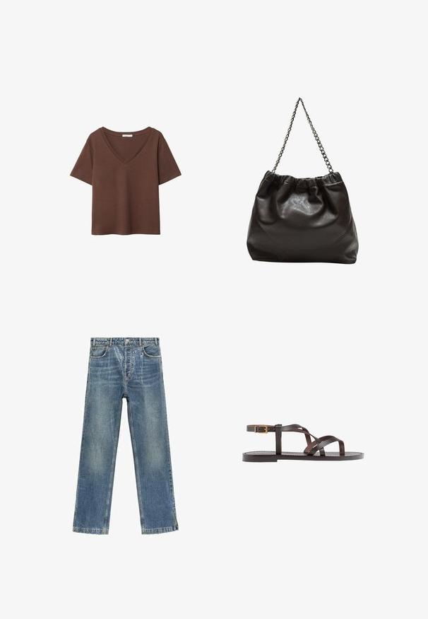 Ruskea puuvillapaita, jossa on lyhyet hihat ja syvä V-kaula-aukko. Yksinkertainen muotoilu, pehmeä rakenne ja suora helma. Ei kuvioita tai yksityiskohtia.; Vaaleansiniset farkut, joissa on leveä lahjetyyli, haalistunut pinta, hienovarainen kuviointi ja lämpimät helmat.; Ruske kožne sandale s križnim trakama, zatvaranjem na kopču oko gležnja i ravnim potplatom s minimalnim detaljima šivanja.; Ruskea nahkainen laukku, jossa on kerätty yläosa ja ketjuhihna. Tasainen pinta, jossa kiiltävä viimeistely ja hienovaraiset sauman yksityiskohdat sivuilla.