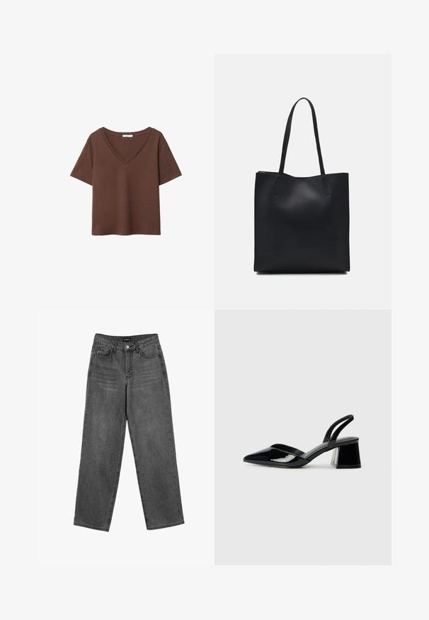 Rjava bombažna majica s kratkimi rokavi in globokim V-izrezom. Preprost dizajn, mehak material in raven rob. Brez vzorcev ali dekorativnih elementov.; Črne visokoprsi kavbojke ravnega kroja s sprednjim gumbom in žepi, prikazane na beli podlagi.; Črne lakirane slingback pete s koničastim nosom in geometrijsko blokasto peto. Imajo eleganten, minimalističen dizajn in gladko teksturo.; Črna usnjena torba s svilnato teksturo, pravokotne oblike in dvema dolgima ročajema. Brez vidnih metalnih delov ali okrasnih elementov.
