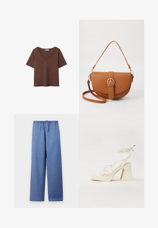 Hnědý bavlněný tričko s krátkými rukávy a hlubokým V-výstřihem. Jednoduchý design, měkká textura a rovný lem. Žádné vzory ani akcenty.; Světle modré, široké kalhoty s páskem na stažení, vyrobené z měkké tkaniny, s hladkým povrchem a volným střihem.; Bílé sandály na vysokém podpatku s robustním podpatkem, s designem s pásky a zavazováním kolem kotníku. Hladký povrch s platformou vpředu pro zvýšení výšky.; Hnědá kožená křížová taška s zakřiveným tvarem, zlatými detaily a akcentem s přezkou. Obsahuje odnímatelný popruh na rameno.