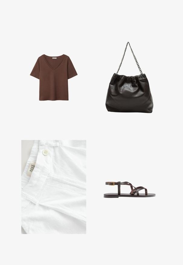 Brun bomulds t-shirt med korte ærmer og dyb V-hals. Enkel design, blød tekstur og lige kant. Ingen mønstre eller detaljer.; Hvide bukser lavet af letvægtigt stof, med knaplukning, flad talje og et mærke, der står "next." Glat tekstur og uden mønstre.; Brune lædersandal med krydsende stropper, ankelspænde og en flad sål med minimale syninger.; Brun lædertaske med en rynket top og en kædestrop. Glat tekstur med en blank finish og subtile sømdetaljer på siderne.