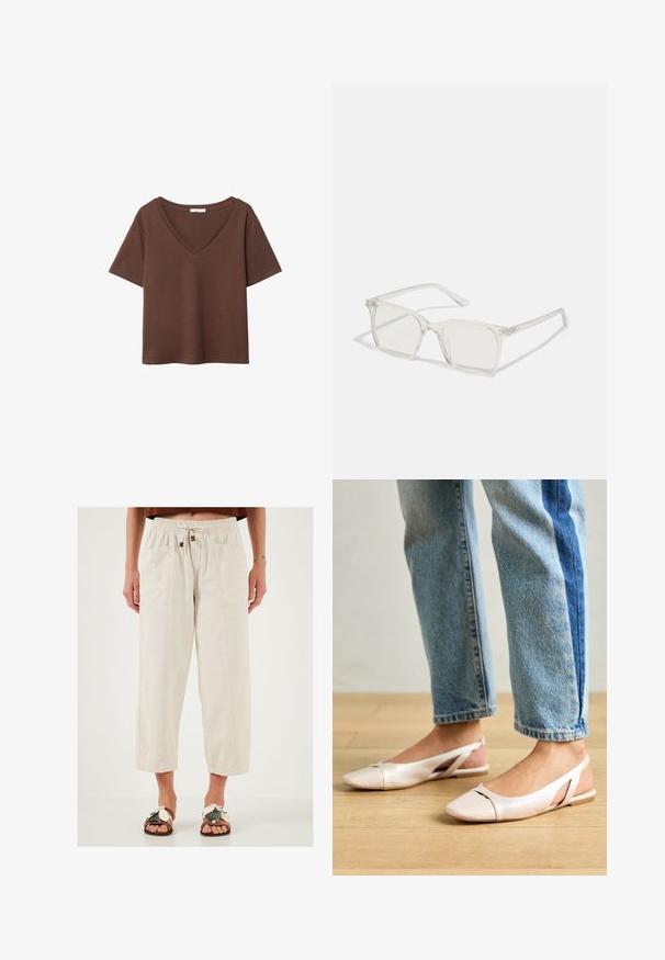 Hnedé bavlnené tričko s krátkymi rukávmi a hlbokým V-výstrihom. Jednoduchý dizajn, jemná textúra a rovný lem. Bez vzorov alebo akcentov.; Bežové, ľahké nohavice s širokými nohavicami, elastickým pásom, sťahovacou šnúrkou a dvoma prednými vreckami. Textúrovaná látka s voľným strihom.; Svetloružové slingback baleríny s jemne špicatou špičkou, vyrobené z hladkého materiálu pripomínajúceho kožu. Majú výrezové detaily na stranách a plochý opätok.; Priehľadné plastové okuliare s námestovými rámami a priehľadnými šošovkami, s kultivovanými zlatými akcentmi na spánkoch pre zvýraznenie detailov.