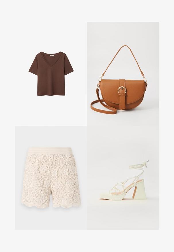 Bruine katoenen t-shirt met korte mouwen en een diepe V-hals. Eenvoudig ontwerp, zachte textuur en rechte zoom. Geen patronen of accenten.; Kanten shorts in off-white met bloempatronen, scalloped zoom en elastische tailleband, met verfijnde details door de hele stof.; Witte hoge hakken sandaal met een chunky hak, met een bandjesontwerp en enkelband. Gladde textuur met een plateau voor extra hoogte.; Bruine leren schoudertas met een gebogen vorm, gouden hardware en een gespaccent. Bevat een afneembare schouderriem.