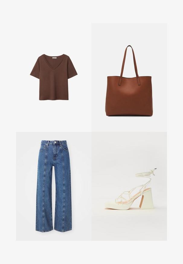 Hnědý bavlněný tričko s krátkými rukávy a hlubokým V-výstřihem. Jednoduchý design, měkká textura a rovný lem. Žádné vzory ani akcenty.; Modré široké džíny vyrobené z denimové tkaniny, s vysokým pasem, předními kapsami a viditelným šitím podél nohavic.; Bílé sandály na vysokém podpatku s robustním podpatkem, s designem s pásky a zavazováním kolem kotníku. Hladký povrch s platformou vpředu pro zvýšení výšky.; Hnědá kožená taška přes rameno s hladkou texturou, otevřeným designem a dvěma ramenními popruhy. Obsahuje minimální švy a žádné viditelné kovové prvky.