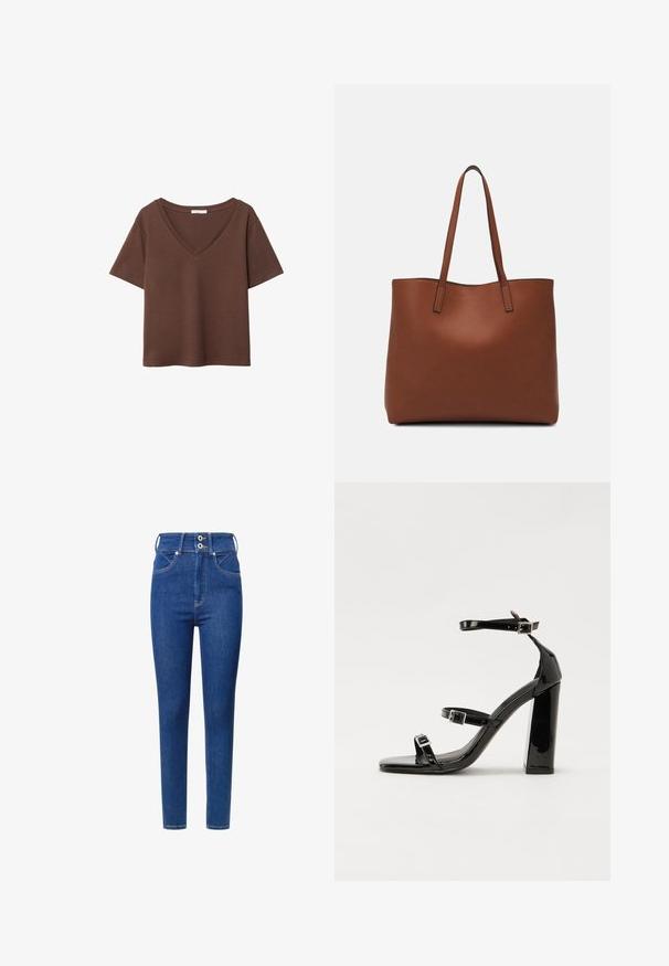Rjava bombažna majica s kratkimi rokavi in globokim V-izrezom. Preprost dizajn, mehak material in raven rob. Brez vzorcev ali dekorativnih elementov.; Visoko pasovane modre kavbojke slim fit kroja, ki imajo dva gumba na pasu, sprednji žepi in kontrastne šive.; Črne lakirane sandale s peto, kvadratnim prstom, trakovi okrog gležnja in srebrnimi zaponkami. Opremljene so s stabilno Debelo peto.; Rjava usnjena torba z gladko teksturo, odprto zasnovo zgoraj in dvema naramnima trakovoma. Opremljena je z minimalnim šivanjem in brez vidnih kovinskih delov.