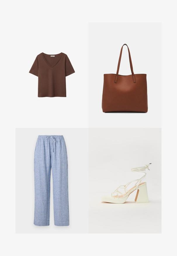 Brown cotton t-shirt with short sleeves and a deep V-neck. Simple design, soft texture, and straight hemline. No patterns or accents.; Blue checkered pajama pants with an elastic waistband and drawstring. Loose fit with a soft fabric texture. No pockets visible.; White high-heeled sandal with a chunky heel, featuring a strappy design and ankle tie. Smooth texture with a platform front for added height.; Brown leather tote bag with a smooth texture, open top design, and two shoulder straps. Features minimal stitching and no visible hardware.