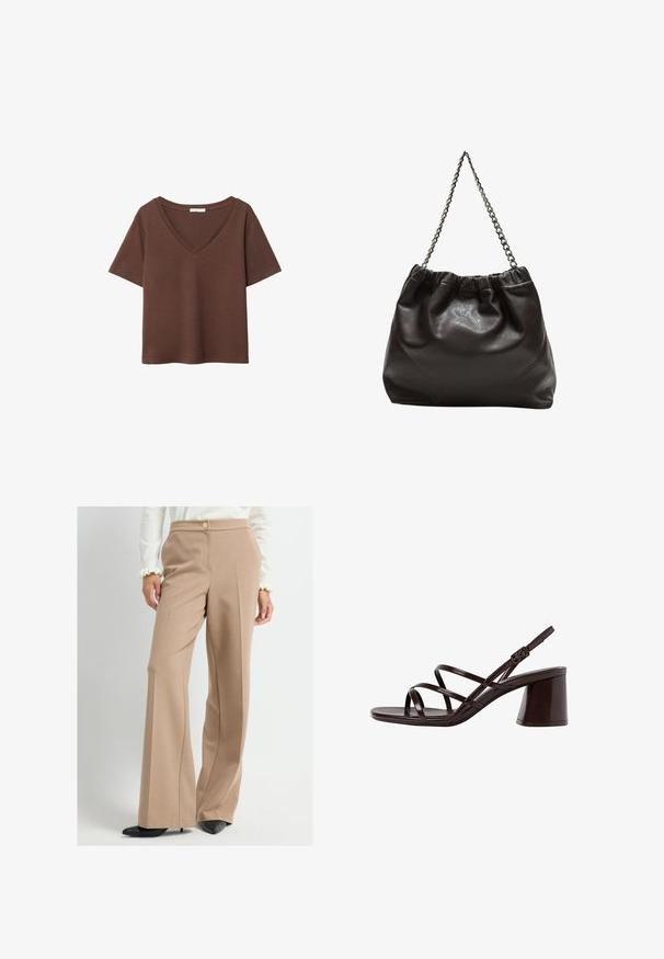 Ruskea puuvillapaita, jossa on lyhyet hihat ja syvä V-kaula-aukko. Yksinkertainen muotoilu, pehmeä rakenne ja suora helma. Ei kuvioita tai yksityiskohtia.; Beige leveleiga bokserit, joissa on korkea vyötärö ja nappi yksityiskohtana, yhdistetty mustiin kärjellisiin korkokenkiin ja valkoiseen puseroon, jossa on frilla hihansuissa.; Ruske sandaale sa visokom potpeticom s debljim petama, s glatkom, sjajnom površinom i višestrukim križnim trakama na gornjem dijelu.; Ruskea nahkainen laukku, jossa on kerätty yläosa ja ketjuhihna. Tasainen pinta, jossa kiiltävä viimeistely ja hienovaraiset sauman yksityiskohdat sivuilla.