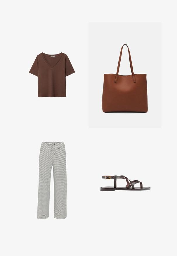 Hnědý bavlněný tričko s krátkými rukávy a hlubokým V-výstřihem. Jednoduchý design, měkká textura a rovný lem. Žádné vzory ani akcenty.; Pruhované volné kalhoty v černé a bílé barvě. Vyrobené z měkké tkaniny s elastickým pasem a šňůrkou pro nastavitelnou velikost.; Hnědé kožené sandály s kříženými pásky, uzavřením na přezku u kotníku a plochou podrážkou s minimem švů.; Hnědá kožená taška přes rameno s hladkou texturou, otevřeným designem a dvěma ramenními popruhy. Obsahuje minimální švy a žádné viditelné kovové prvky.