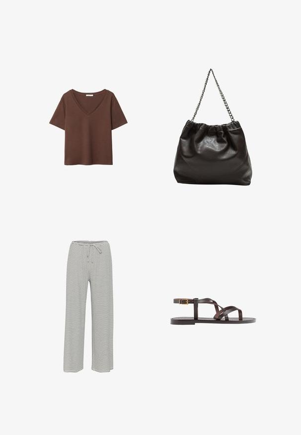 Braunes Baumwoll-T-Shirt mit kurzen Ärmeln und tiefem V-Ausschnitt. Einfaches Design, weiche Textur und gerade Saumlinie. Keine Muster oder Akzente.; Gestreifte weite Hosen in Schwarz und Weiß. Hergestellt aus weichem Stoff mit elastischem Bund und Kordelzug für eine verstellbare Passform.; Braune Leder-Sandale mit überkreuzten Riemen, einem Knöchelriemen mit Schnalle und einer flachen Sohle mit minimalen Nähdetails.; Braune Lederhandtasche mit gerafftem Oberteil und Kettenriemen. Glatte Textur mit glänzendem Finish und subtilen Nahtdetails an den Seiten.