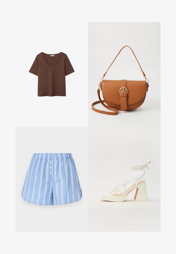 Brązowy bawełniany t-shirt z krótkimi rękawami i głębokim dekoltem w kształcie litery V. Prosty design, miękka faktura i prosty krój u dołu. Brak wzorów i akcentów.; Jasnoniebieskie spodenki z bawełnianej tkaniny z pionowymi białymi paskami, z elastycznym paskiem ze sznurkiem i trzema guzami z przodu.; Biała sandał na wysokim obcasie z masywnym słupkiem, z paskowym wzorem i wiązaniem przy kostce. Gładka faktura z platformą z przodu dla dodatkowej wysokości.; Brązowa skórzana torba na ramię o zaokrąglonym kształcie, ze złotymi akcentami i zapięciem w formie klamry. Posiada odpinany pasek na ramię.