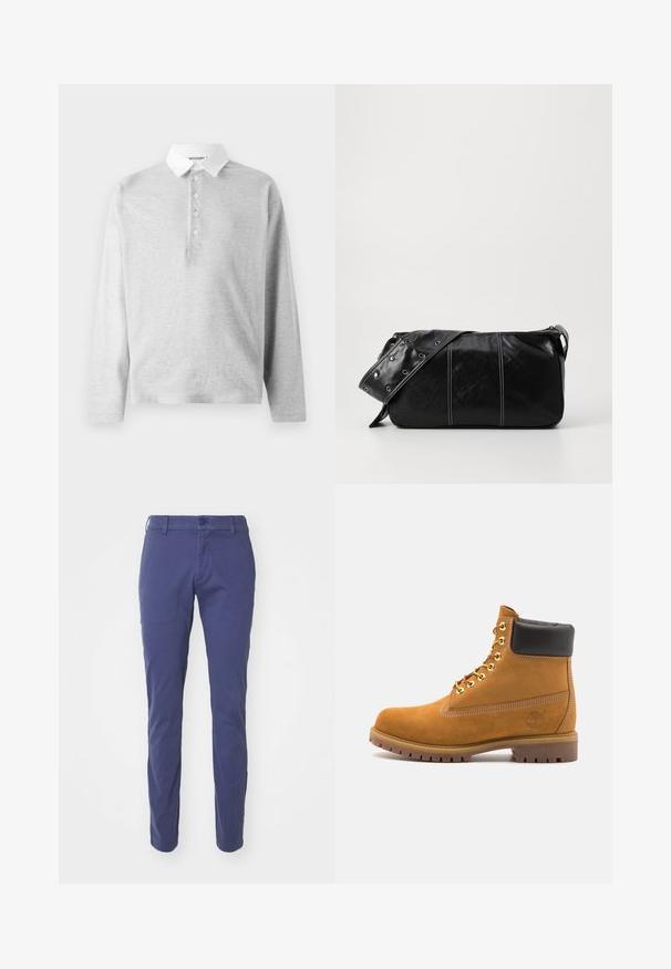Svetlošedá polo košeľa s dlhým rukávom vyrobená z jemného materiálu, s bielym golierom a knoflíkovou lištou so štyrmi gombíkmi. Hladká textúra, neformálny dizajn.; Námornícko modré nohavice so štíhlym strihom, s gombíkovým zapínaním, pútkami na opasok a hladkou bavlnenou textúrou.; Tyrkysové semišové členkové topánky s čiernym polstrovaným golierom, zlatými kovovými očkami, bielym prešívaním a robustnou gumovou podrážkou s výraznými drážkami.; Čierna kožená kabelka cez plece so zipsovým uzáverom, so štruktúrovaným telom, bielym prešívaním a popruhom so striebornými očkami.