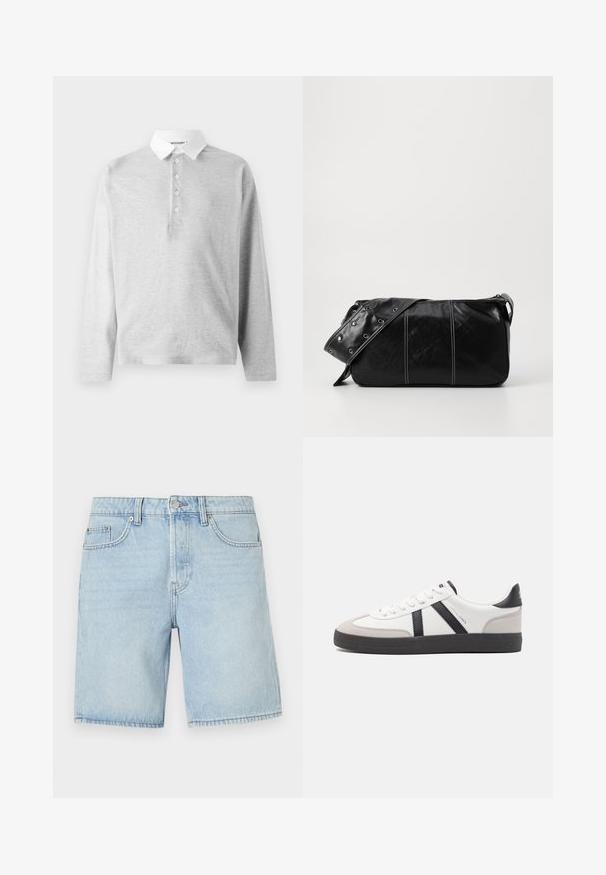 Lichtgrijze polo met lange mouwen van zachte stof, met een witte kraag en een knoopsluiting met vier knopen. Soepele textuur, casual ontwerp.; Lichtblauwe denimshorts met een klassiek vijfzakdesign, rechte snit en zichtbare stiksels. Voorzien van een metalen knoop en ritssluiting.; Witte sneaker met zwarte en grijze accenten, voorzien van een grijze neus met textuur, zwarte rubberen zool en platte witte veters. Schoon ontwerp, minimalistische stijl.; Zwarte leren schoudertas met een ritsluiting, voorzien van een gestructureerd lichaam, witte stiksels en een band met zilveren oogjes.
