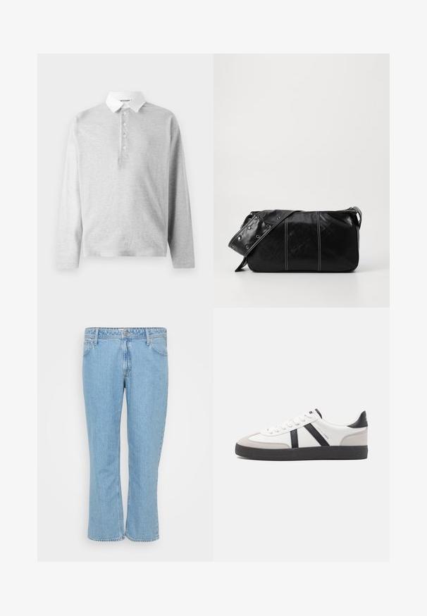 Světle šedá polokošile s dlouhým rukávem vyrobená z měkké tkaniny, s bílým límečkem a čtyřknoflíkovou légou. Hladká textura, neformální design.; Světle modré džíny s rovnými nohavicemi, které mají pět kapsových stylů a zapínání na knoflík v pase.; Bílé tenisky s černými a šedými akcenty, opatřené texturovaným šedým prstovým krytem, černou gumovou podrážkou a plochými bílými tkaničkami. Čistý design, minimalistický styl.; Černá kožená kabelka přes rameno se zapínáním na zip, s texturovaným tělem, bílým prošíváním a popruhem se stříbrnými očky.