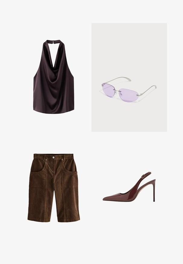 Top halter in satin di un viola scuro. Presenta una profonda scollatura a V e un davanti drappeggiato. Texture liscia senza ulteriori motivi o accenti.; Pantaloni corti in corduroy marrone con un motivo a righe verticali testurizzato, due tasche frontali e chiusura a bottone in vita.; Sandal con tacco alto in pelle lucida marrone scuro, punta affusolata, con cinturino regolabile e sottile tacco a stiletto.; Occhiali da sole con lenti ovali viola, montatura in metallo e aste sottili. Naselli trasparenti e branding discreto sull'asta.