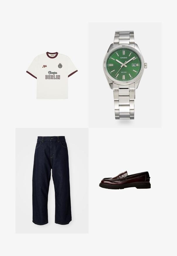 Fehér, rövid ujjú póló burgundi szegéllyel, középen az "Escape BERLIN" felirattal, bal oldalon a "Mitte" felirattal, és jobboldalon egy kör alakú emblémával, két csillaggal.; Sötétkék denim nadrág, laza szabással, gombos zipzárral, övhurkokkal és sárga varrással a zsebeken és az oldalvarrásokon.; Barna bőr loaferek lekerekített orral, részletes varrással és gumitalppal. Díszes pánttal rendelkezik, sima textúrájú.; Ezüst rozsdamentes acél óra kerek zöld számlappal, ezüst órák jelzőivel, dátumkijelzővel és fémlánc karkötővel. Vízálló 50 méterig.