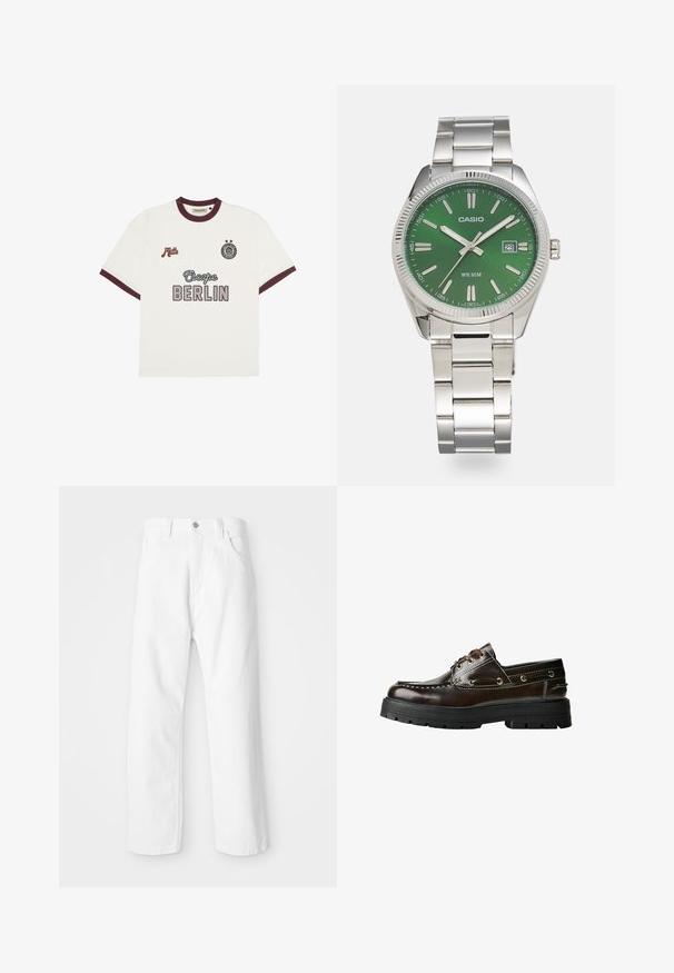 Fehér, rövid ujjú póló burgundi szegéllyel, középen az "Escape BERLIN" felirattal, bal oldalon a "Mitte" felirattal, és jobboldalon egy kör alakú emblémával, két csillaggal.; Fehér denim nadrág egyenes szabással, elől gombos és cipzáras záródással, öt zsebbel és tiszta, texturált felülettel.; Barna bőr csónakcipő, gumitalppal, varrási részletekkel, fém fűzőlyukakkal és fűzős kialakítással. Masszív, könnyű szerkezet.; Ezüst rozsdamentes acél óra kerek zöld számlappal, ezüst órák jelzőivel, dátumkijelzővel és fémlánc karkötővel. Vízálló 50 méterig.