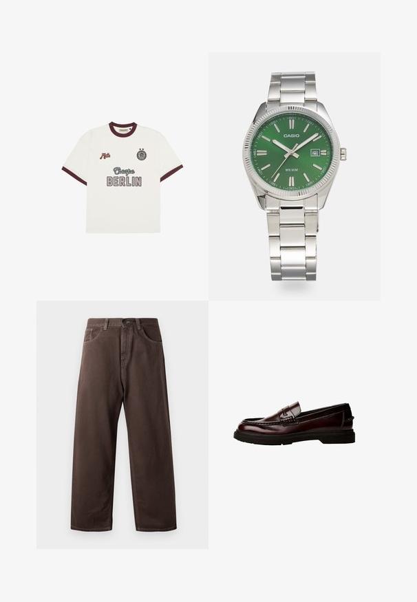 Fehér, rövid ujjú póló burgundi szegéllyel, középen az "Escape BERLIN" felirattal, bal oldalon a "Mitte" felirattal, és jobboldalon egy kör alakú emblémával, két csillaggal.; Barna, bő szárú vászon nadrág, klasszikus öt zsebes dizájnnal, cipzáras megoldással és látható varrási részletekkel.; Barna bőr loaferek lekerekített orral, részletes varrással és gumitalppal. Díszes pánttal rendelkezik, sima textúrájú.; Ezüst rozsdamentes acél óra kerek zöld számlappal, ezüst órák jelzőivel, dátumkijelzővel és fémlánc karkötővel. Vízálló 50 méterig.