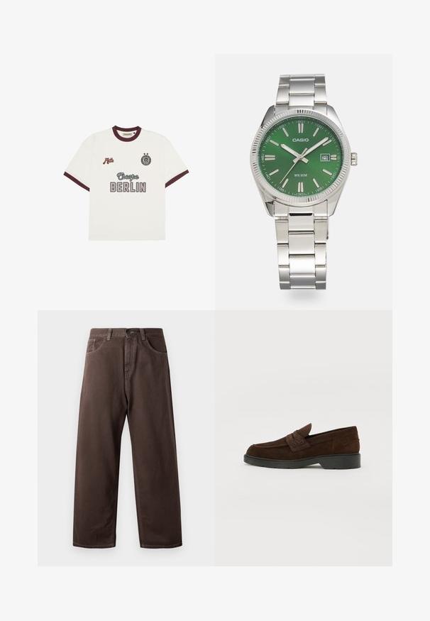 T-shirt bianco a maniche corte con rifiniture borgogna, testo "Escape BERLIN" al centro davanti, "Mitte" sul lato sinistro del petto e un emblema circolare con due stelle sul lato destro del petto.; Pantaloni larghi marroni in cotone, con un classico design a cinque tasche, chiusura con zip e dettagli di cucitura visibili.; Mocassini in suede marrone con punta arrotondata e resistente suola in gomma nera. Presentano una fascia decorativa e cuciture sulla tomaia.; Orologio in acciaio inossidabile argentato con quadrante rotondo verde, marcatori delle ore argentati, display della data e bracciale a maglie in metallo. Resistente all'acqua fino a 50 metri.