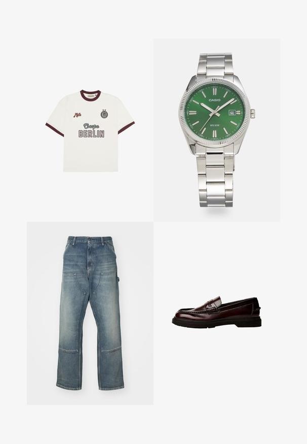Bílý krátký rukáv tričko s vínovým lemem, text "Escape BERLIN" na přední části uprostřed, "Mitte" na levé hrudi a kruhový emblém se dvěma hvězdami na pravé hrudi.; Světlé modré džíny v uvolněném střihu, vyrobené z denimu. Mají široké nohavice, velké přední kapsy a kontrastní stehy.; Hnědé kožené mokasíny s kulatou špičkou, podrobným šitím a gumovou podrážkou. Mají zdobný pásek a hladký povrch.; Stříbrné nerezové hodin s kulatým zeleným ciferníkem, stříbrnými značkami hodin, zobrazením data a kovovým náramkem. Vodotěsné do hloubky 50 metrů.
