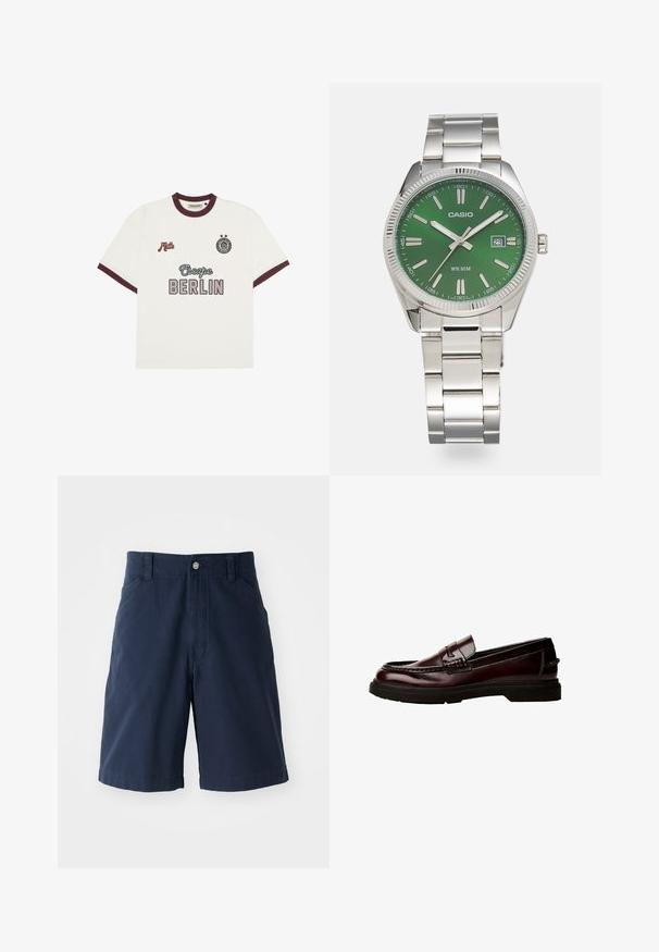 White short-sleeve T-shirt with burgundy trim, "Escape BERLIN" text front center, "Mitte" on left chest, and circular emblem with two stars on right chest.; Navy blue cotton shorts with a flat front, two side pockets, and a single button closure at the waist. Classic straight leg design.; Brown leather loafers with a rounded toe, detailed stitching, and a rubber sole. Features a decorative strap, smooth texture.; Silver stainless steel watch with a round green dial, silver hour markers, date display, and a metal link bracelet. Water-resistant to 50 meters.