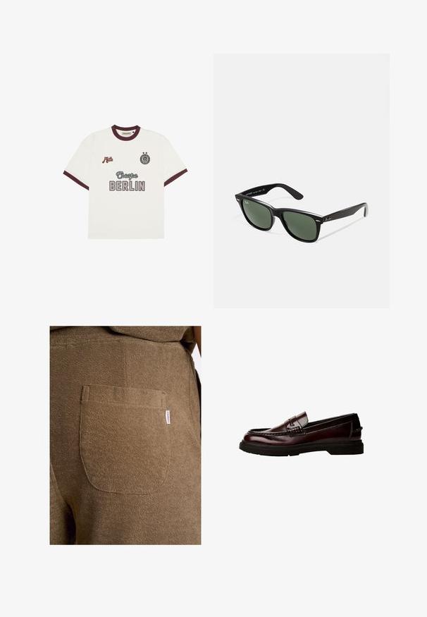 White short-sleeve T-shirt with burgundy trim, "Escape BERLIN" text front center, "Mitte" on left chest, and circular emblem with two stars on right chest.; Lindbergh ELASTIC WAIST - Shorts - dk stone; Brown leather loafers with a rounded toe, detailed stitching, and a rubber sole. Features a decorative strap, smooth texture.; Black plastic sunglasses with green lenses, square frames, silver accent on the brow, and textured temple arms. Stated brand on inner arm.; Silver metal wristwatch with a square case, white dial, Roman numerals, and a silver link bracelet. Features a water-resistant design.