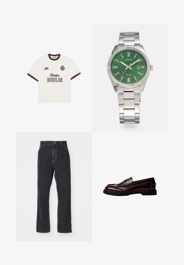 Biela krátka tričko s krátkymi rukávmi s burgundským lemovaním, text "Escape BERLIN" v strede na prednej strane, "Mitte" na ľavej hrudi a kruhový emblem s dvoma hviezdami na pravej hrudi.; Čierne džínsy z denimu so strihom rovného nohavice, so zipsom, piatimi vreckami a kontrastným šitím pozdĺž švov.; Hnedé kožené poltopánky s okrúhlou špičkou, detailným prešívaním a gumovou podrážkou. Obsahuje dekoratívny pásik, hladký povrch.; Strieborné nerezové hodinky s okrúhlym zeleným ciferníkom, striebornými znakmi hodín, zobrazením dátumu a kovovým náramkom. Vodotesné do 50 metrov.
