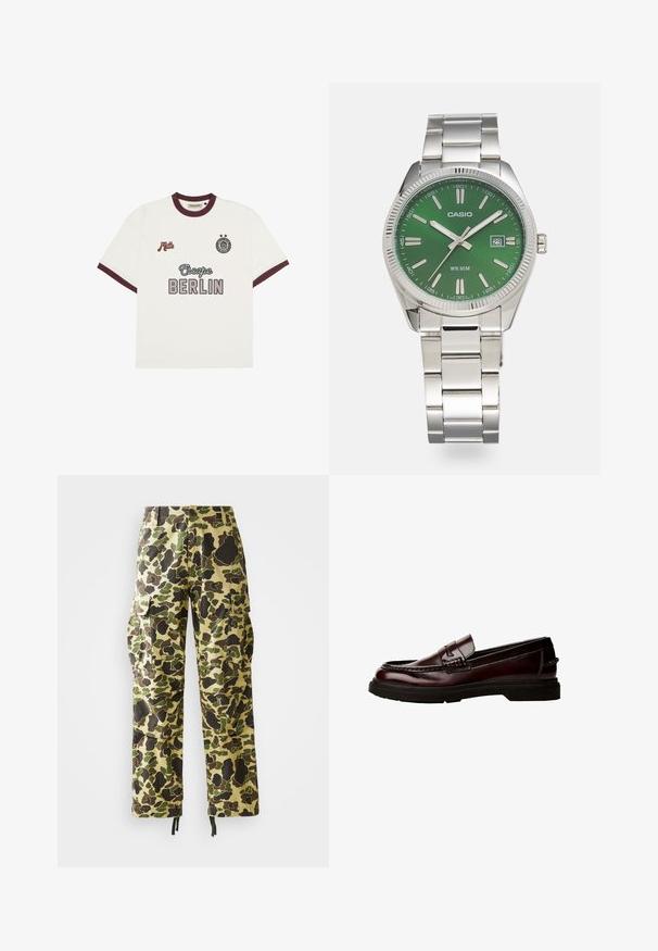 T-shirt blanc à manches courtes avec des bordures bordeaux, avec le texte "Escape BERLIN" au centre devant, "Mitte" sur la poitrine gauche, et un emblème circulaire avec deux étoiles sur la poitrine droite.; Pantalon cargo droit pour homme avec un motif camouflage vert, marron et beige, fermeture à bouton, poches latérales et ourlets avec cordon de serrage.; Mocassins en cuir marron avec un bout arrondi, une couture détaillée et une semelle en caoutchouc. Présente une sangle décorative et une texture lisse.; Montre en acier inoxydable argenté avec un cadran rond vert, index horaires argentés, affichage de la date et bracelet en maillon métallique. Résistante à l'eau jusqu'à 50 mètres.