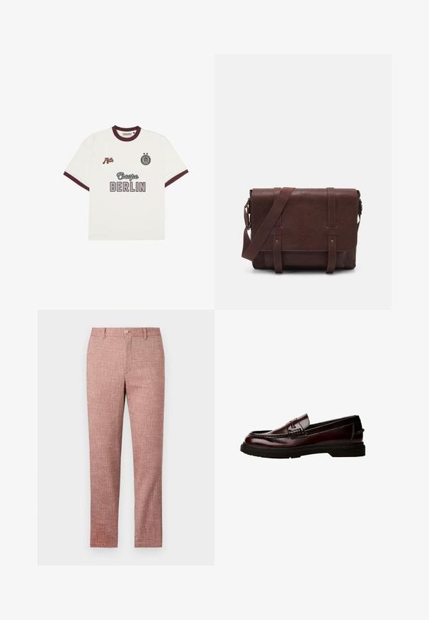 Bela kratka majica s kratkimi rokavi z burgundskimi robovi, besedilo "Escape BERLIN" na sprednji strani na sredini, "Mitte" na levem prsnem delu in krožni emblem z dvema zvezdama na desnem prsnem delu.; Rdeče teksturirane hlače z ravnim krojem, sprednjimi žepi in gumbnim zapiranjem. Tkanina ima prepleten vzorec za dodano podrobnost.; Rjave usnjene loafer čevlje z zaobljenim nosom, podrobnim šivanjem in gumijastim podplatom. Imajo okrasni trak in gladko teksturo.; Rjava usnjena torba za sporočila z ravnim sprednjim poklopcem, dvema trakovoma, zlatimi kovinskimi detajli in nastavljivim naramnim pasom.; Srebrna ura iz nerjavečega jekla z okroglo zeleno številčnico, srebrnimi oznakami ur, prikazom datuma in kovinskim povezovalnim pasom. Vodoodporna do 50 metrov.