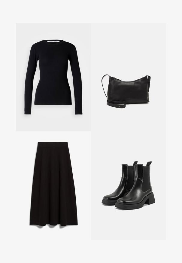 Haut noir à manches longues en tissu côtelé. Doté d'un col rond et d'une coupe ajustée. Sans motifs ni ornements. Design simple.; Jupe noire jusqu'aux genoux en tissu lisse avec une taille cintrée et une forme évasée en A, présentant un design épuré sans embellissements visibles.; Bottes Chelsea en cuir noir avec un talon épais, des panneaux latéraux élastiques et des coutures blanches contrastantes. Fini texturé.; Sac à épaule en cuir noir avec une texture lisse, une forme courbée, une bandoulière ajustable et une fermeture éclair. Design minimaliste sans embellissements.