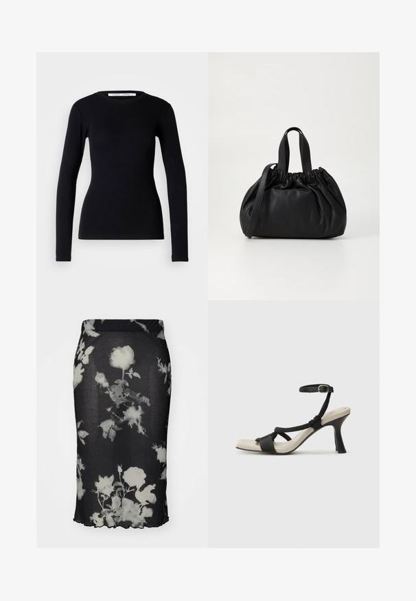 Juodas ilgos rankovės marškinėlis, pagamintas iš riverio audinio. Turi apvalų iškirpimą ir prigludusį siluetą. Nėra raštų ar dekoracijų. Paprastas dizainas.; Juoda gumbinė sijonas su baltu gėlių raštu, prigludusio dizaino ir banginiu apvadu. Medžiaga atrodo elastinga ir lengva.; Juodų aukštakulnių sandalų su pintu dirželiu dizainas, kvadratine nosimi ir reguliuojamu kulkšnies dirželiu. Šviesiai bežė padas su blizgiu juodu kulnu.; Juoda odinė rankinė su susiraukšlėjusiu viršumi, su dviem trumpomis rankenėlėmis ir ilga reguliuojama juosta. Lygus paviršius, apvalios formos.