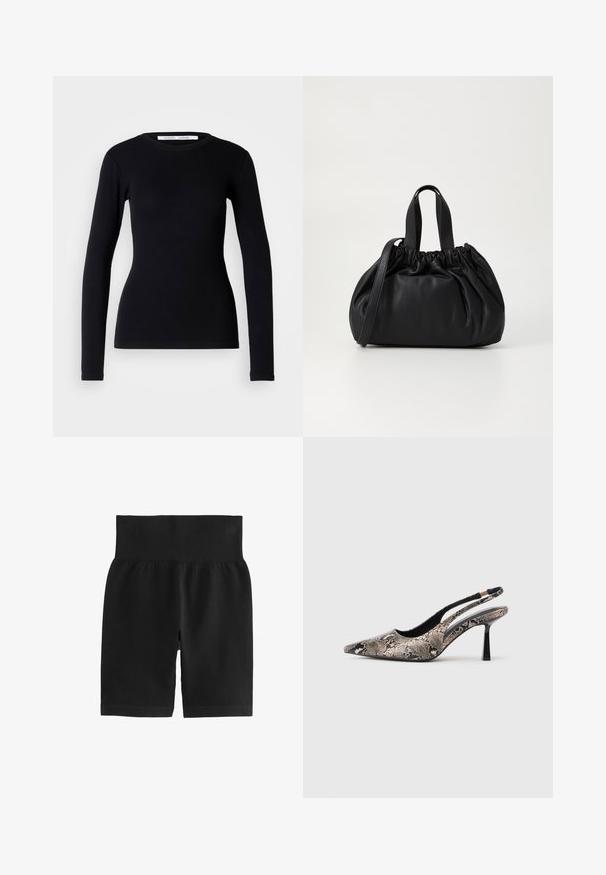 Svart långärmad topp i ribbad tyg. Har rund halsringning och figurnära passform. Inga mönster eller utsmyckningar. Enkla design.; Svarta ribbade shorts med en bred elastisk midjeband, slät textur och en åtsittande design. Materialet är stretchigt för att underlätta rörelse.; Pekade-tå slingback skor i strukturerad ormskinnsmaterial, med en smal svart klack och ett utskuret mönster på sidorna.; Svart läderhandväska med en samlad toppdesign, som har två korta handtag och ett långt justerbart axelband. Slät textur, rund form.