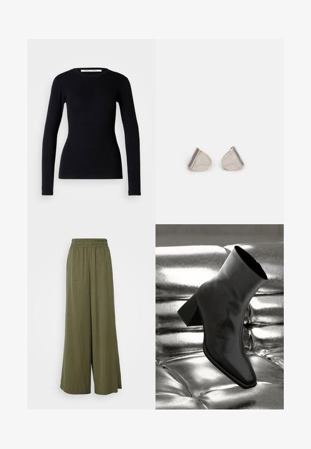 Haut noir à manches longues en tissu côtelé. Doté d'un col rond et d'une coupe ajustée. Sans motifs ni ornements. Design simple.; DRYKORN CEILING - Pantalon classique - green; Botte noire à la cheville en matériau brillant avec un bout carré et un talon effilé, sur un fond argenté brillant et capitonné.; Boucles d'oreilles en métal argenté avec une forme larmoyante lisse et une finition polie. Des gravures subtiles ajoutent des détails. Design minimaliste.
