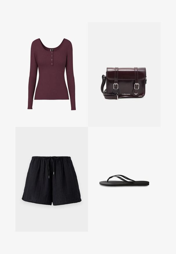 Haut long à manches ribbed bourgogne avec un col en scoop et trois boutons au niveau de la poitrine. Fabriqué en tissu tricoté texturé.; Shorts en coton noir avec une finition texturée et froissée. Présentent une taille élastique et un cordon de serrage ajustable pour le confort et l'ajustement.; Tongs noires avec une semelle en caoutchouc texturée, deux fines lanières et un détail de logo embossé subtil sur la lanière.; Sac à bandoulière en cuir verni bordeaux, de forme rectangulaire, avec deux bandoulières, des accessoires en argent et une fermeture à rabat.