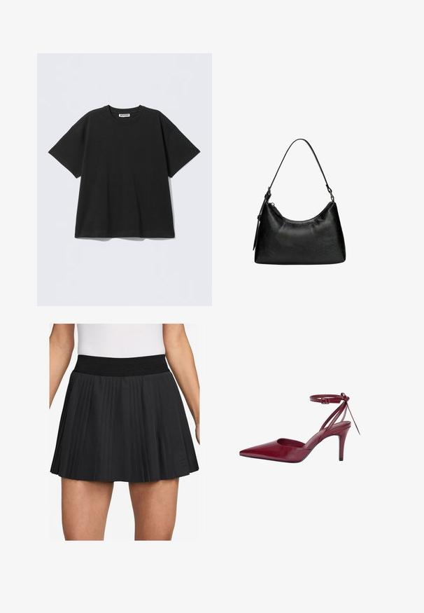 Tricou negru supradimensionat din bumbac, cu decolteu rotund și mâneci scurte. Design simplu, fără modele sau accente.; Fustă plisată neagră cu o talie elastică lată. Fabricată dintr-un material neted, aceasta prezintă plii verticale și un logo mic pe tiv.; Pantof burgundy din piele, cu toc înalt, vârful ascuțit, laterale deschise și bareta la gleznă. Prezintă un design elegant și o textura netedă.; Geantă din piele sintetică neagră, cu o formă curbată, mână scurtă, închidere cu fermoar și un model texturat subtil pe suprafață.