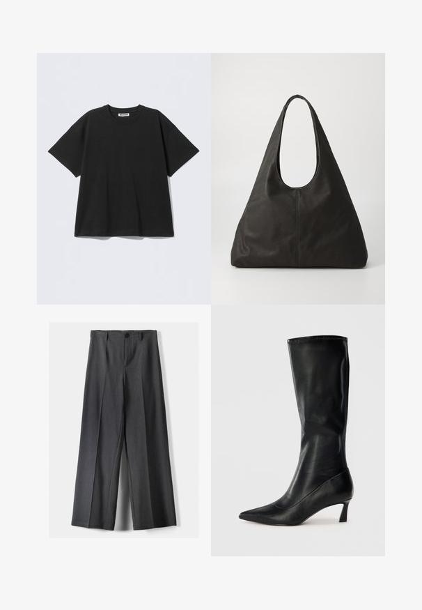 Crna prevelika majica od pamuka, s okruglim izrezom i kratkim rukavima. Jednostavan dizajn bez uzoraka ili detalja.; Hlače širokih nogavica od tamnosive tkanine, s kopčanjem na gumb, prednjim plisiranjima i petljama za remen. Glatka tekstura s krojem.; Crne kožne čizme do koljena s uskim vrhom i umjerenim potplatom. Glatka tekstura i elegantan dizajn s suptilnim detaljima šavova.; Crna kožna torba s okruglom drškom, izduženog trokutastog oblika i glatke teksture. Ima minimalistički dizajn bez vidljivih metalnih dijelova.