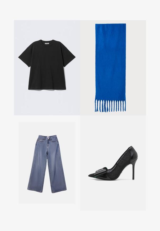 Čierne veľké tričko z bavlny s okrúhlym výstrihom a krátkymi rukávmi. Jednoduchý dizajn bez vzorov alebo zdobení.; Džínsy s širokými nohavicami v svetlomodrom umývaní, s vysokým pásom, prednými vreckami a zapínaním na gombík s pútkami na opasok.; Čierna vysoká podpätková topánka s špicatou špičkou, s hladkým koženým predkom a textúrovanými sieťovanými stranami, zdobená veľkou mašľou.; Modrý šál s franjami vyrobený z mäkkej tkaniny; má jednofarebný dizajn s textúrovaným povrchom a rovnomerne strihanými franjami na spodnej strane.