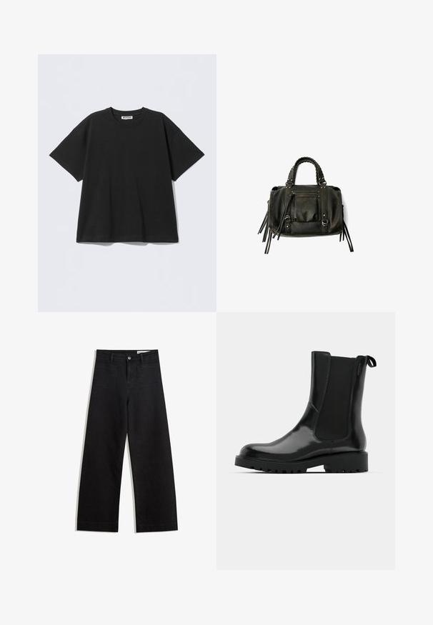 Svart oversize t-shirt av bomull med rund halsringning och korta ärmar. Enkel design utan mönster eller detaljer.; Svarta vida denimbyxor med hög midja, med fram- och bakfickor, sydda sömmar och knappstängning. Slät textur.; Svarta ankelskor gjorda av glänsande material med elastiska sidopaneler, en dragflik och en tjock, robust sula med mönsterdetaljer.; Svart läderhandväska med flätade handtag, dragkedjefack och hängande pom poms. Texturerad yta med metallnitar och hårdvaruaccenter.