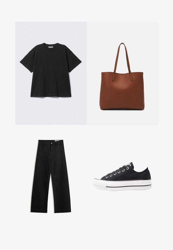 Tricou negru supradimensionat din bumbac, cu decolteu rotund și mâneci scurte. Design simplu, fără modele sau accente.; Pantaloni din denim negri cu picioare largi, cu talie înaltă, având buzunare frontale și posterioare, cusături dublate și închidere cu nasture. Textură netedă.; Tenisi negri din pânză cu talpă din cauciuc alb, vârf rotund, design joas, ochiuri metalice și capac texturat la vârf. Dungi subțiri negre de-a lungul tălpii.; Geantă de umăr din piele maro cu o textură netedă, design cu vârf deschis și două curele pentru umăr. Prezintă cusături minime și fără componente metalice vizibile.
