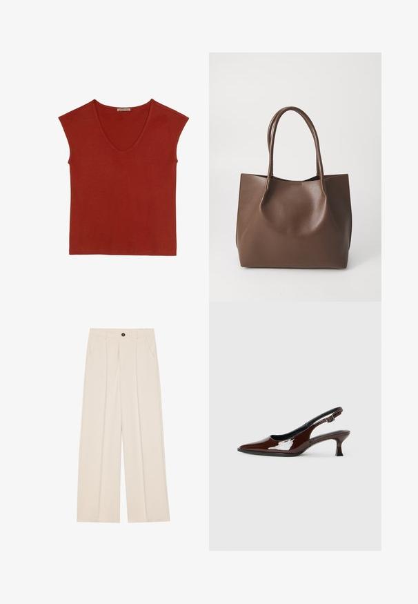 Red, short-sleeve top with a V-neckline, made of soft fabric. Features a relaxed fit and hemmed edges. No visible patterns or embellishments.; High-waisted, wide-leg trousers in cream fabric, featuring two side pockets, a single front button, and front pleats for added detail.; Brown patent leather slingback shoe with a pointed toe and a moderate heel. Features a buckle strap for secure fit. Smooth texture.; Brown leather tote bag with two long handles, structured shape, smooth texture, and minimalistic design. No visible hardware or accents.