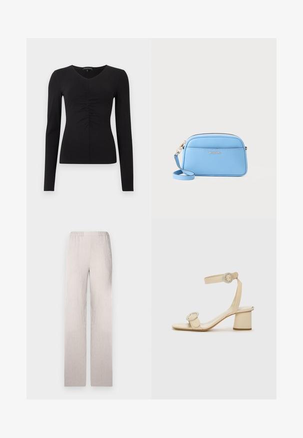 Black long-sleeve top with a V-neck and gathered detail at the front, made from a smooth fabric. Fitted silhouette and minimal design.; Light beige wide-leg pants made of textured fabric, featuring an elastic waistband and a smooth finish. Tailored, straight silhouette.; Beige high-heeled sandals with a minimalist design, featuring two circular accents and a chunky heel. Made from smooth leather.; Light blue leather crossbody bag with gold-tone hardware, zip closure, and a front pocket. Features an adjustable strap for convenience.