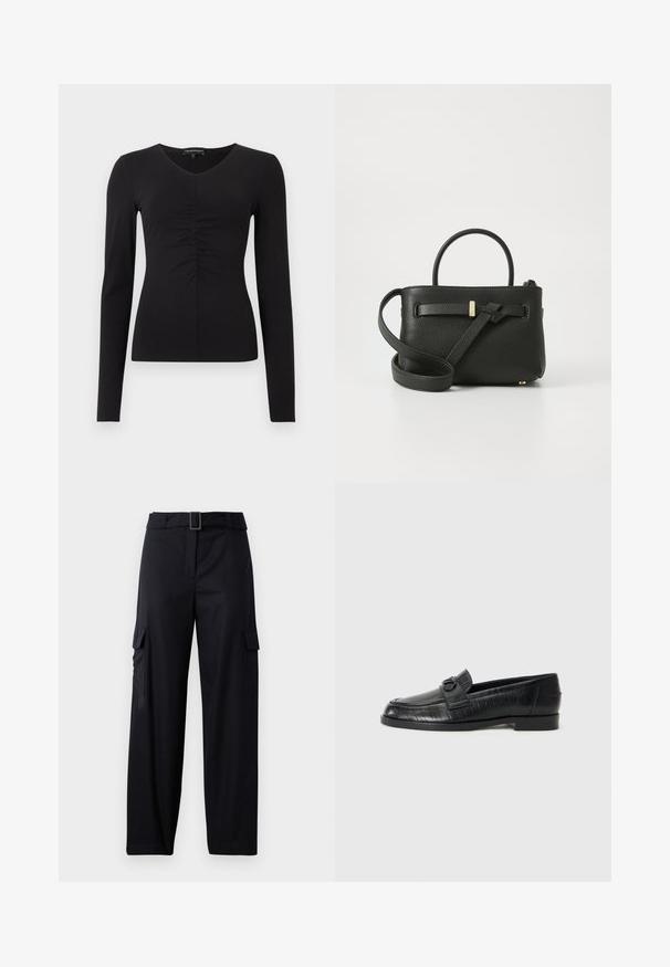 Black long-sleeve top with a V-neck and gathered detail at the front, made from a smooth fabric. Fitted silhouette and minimal design.; Black cargo pants with a straight-leg design, featuring two side pockets and a belt with a rectangular buckle. Smooth fabric texture.; Black leather loafers with a smooth upper, embossed linear pattern, and a decorative buckle accent on the vamp. Low, block heel.; Black leather handbag with a textured finish, top handles, and a long adjustable strap. Features a gold-tone hardware accent on the front.