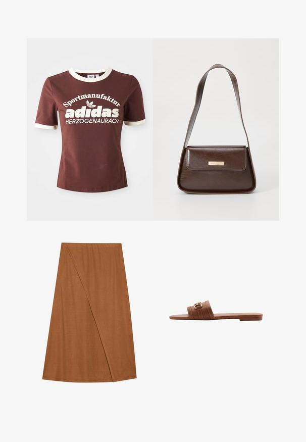 Rjava majica s kratkimi rokavi s krem barvo ovratnika in manšetami. Ima velik bel napis "Sportmanufactur adidas Herzogenaurach."; Rjava, do kolen dolga zavita krila iz mehkega materiala. Ima asimetričen dizajn z detajli na stranskem šivu in gladko teksturo.; Rjave usnjene natikače s širokima dvema trakom, ki vključujeta okrasno šivanje in zlat ton sponko. Oblikovan z ravnim podplatom.; Rjava usnjena torba za ramo z urejeno obliko, ki ima magnetno zapiranje na pokrovu in kovinski logotip na sprednji strani.