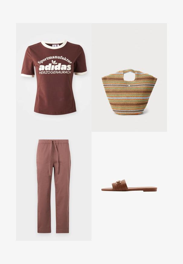 Hnedé tričko s krátkym rukávom a krémovým golierom a manžetami. Obsahuje veľký biely nápis "Sportmanufactur adidas Herzogenaurach."; Hnedé nohavice z bavlnenej zmesi s elastickým pásom a šnúrkou. Priamy strih s bočnými vreckami, hladká textúra a žiadne viditeľné vzory.; Hnedé kožené šľapky s dvoma širokými popruhmi, zdobené dekoratívnym prešívaním a zlatým sponou. Plochý dizajn podrážky.; Tkaná slamená taška s viacfarebnými pruhmi v hnedej, zelenej, oranžovej a modrej farbe. Má plochý tvar a dve otvory na ruky. Ľahká konštrukcia.