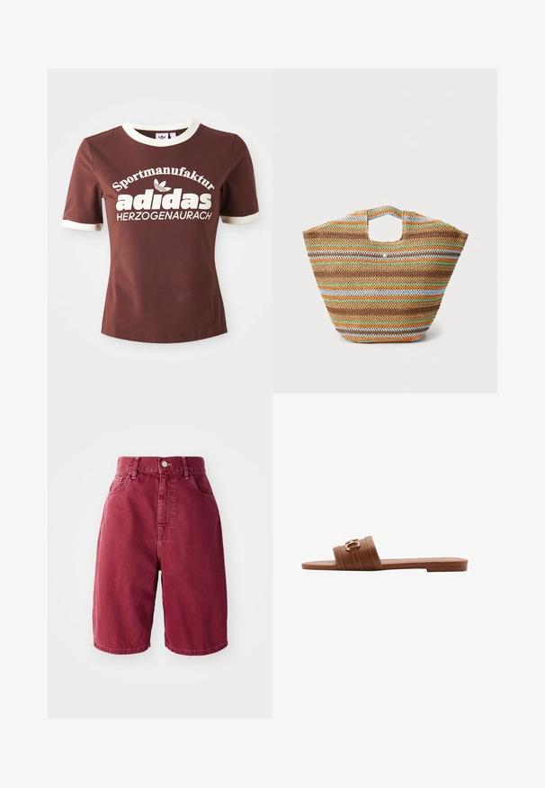 Brun kortärmad t-shirt med krämfärgad krage och muddar. Har stor vit text som säger "Sportmanufactur adidas Herzogenaurach."; Burgundy denim shorts med hög midja. Funktioner inkluderar två framfickor, en enkel knappstängning och rak benmodell.; Brun lädersandaler med två breda remmar, präglade med dekorativ sömnad och en guldfärgad spänne. Platt såldesign.; Vävd halmtofs med flerfärgade ränder i brunt, grönt, orange och blått. Har en platt form och två handöppningar. Lätt design.