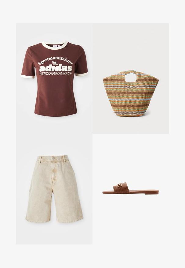 Hnědé tričko s krátkým rukávem a krémovým límečkem a manžetami. Na přední straně je velký bílý nápis "Sportmanufactur adidas Herzogenaurach."; Béžové džíny šortky s vysokým pasem, zapínáním na knoflík a předními kapsami. Má casual, volný střih a mírně třepené okraje.; Hnědé kožené sandály na ploché podrážce s dvěma širokými pásky, zdobené dekorativním prošíváním a akcentem ve zlatém tónu. Design s plochou podrážkou.; Tkaná slámová taška s vícebarevnými pruhy v hnědé, zelené, oranžové a modré. Má plochý tvar a dvě otvory na ruce. Lehký design.