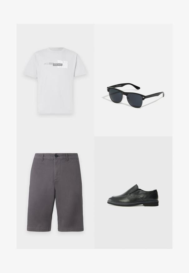 Witte katoenen t-shirt met een grafische print van "NORTHERN AESTHETICS" en "EST. 2007" in het grijs. Klassieke ronde hals, korte mouwen.; Grijze shorts van een katoenmix, met een knoopsluiting, zijzakken en een strakke, rechte snit.; Zwarte leren instapper met een soepele bovenkant, gestikte accenten, ronde neus en een lage rubberen hak. De zool heeft minimale profiel.; Zwarte zonnebril met een rechthoekige vorm, donkere lenzen, zilveren accenten bij de slapen en een matte afwerking op het montuur.