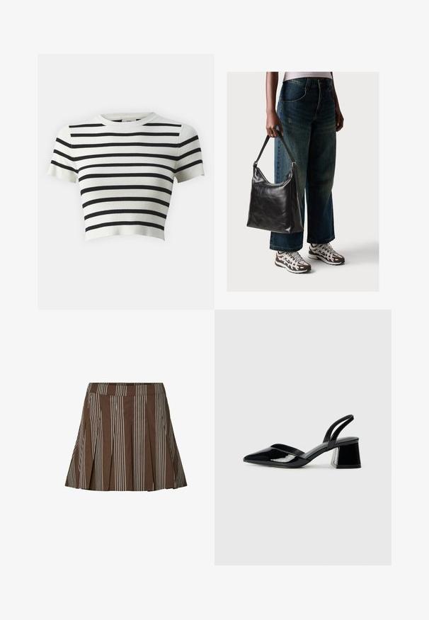 Top corto de manga corta blanco con rayas negras horizontales. Fabricado en tejido acanalado con un cuello redondo y diseño ajustado.; Falda plisada marrón con rayas verticales blancas, que presenta una cinturilla estrecha y una textura suave de algodón, diseñada para un ajuste casual.; Zapatos de tacón slingback de charol negro con punta afilada y tacón geométrico en bloque. Presentan un diseño elegante y minimalista, así como una textura suave.; Bolso de hombro de cuero negro con una textura suave y correa ajustable, combinado con jeans de pierna ancha desgatados y zapatillas deportivas.