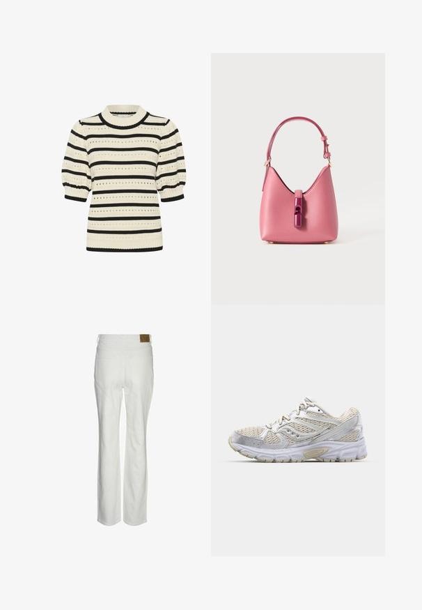 Pleteni pulover s kremastim i crnim horizontalnim prugama, kratkim nabranim rukavima, rebrastim izrezom i rupičastim uzorcima kroz cijeli pulover.; Bijele hlače viskog struka napravljene od mješavine pamuka. Imaju ravni kroj, dvije stražnje džepove i smeđu oznaku branda na pojasu.; Lagani trkaći model s bijelim mrežastim gornjim dijelom sa srebrnim detaljima, obućom s jastučićem i teksturiranim gumiranim potplatom za prianjanje.; Roza kožna torba sa strukturiranim oblikom, koja ima sjajni zatvarač i jedan podesivi remen. Teksturalna površina s zlatnim detaljima.