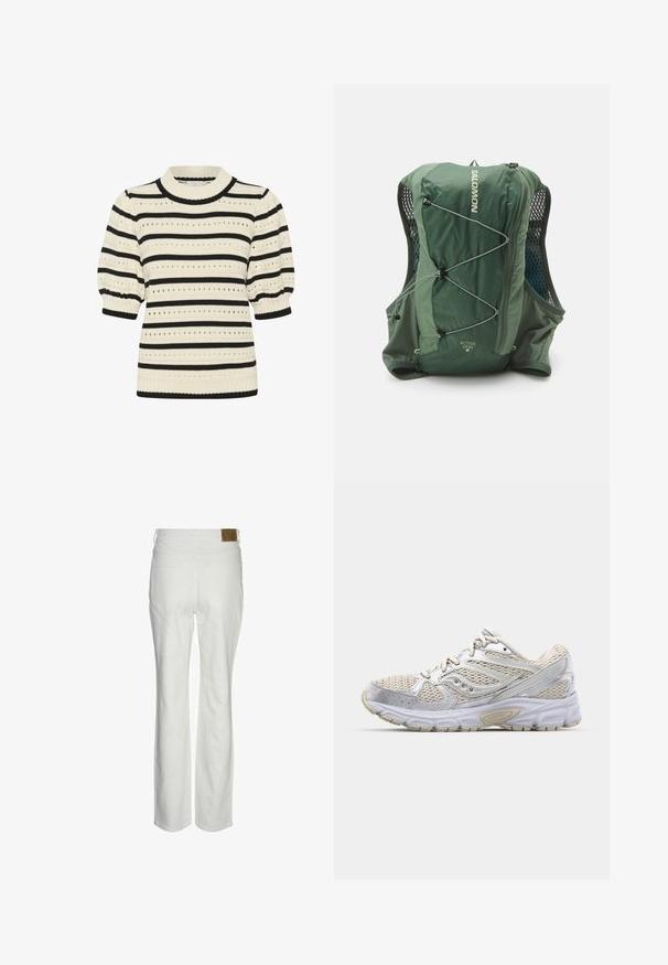 Megzta megija su kreminės ir juodos horizontaliomis juostomis, trumpomis pūstomis rankovėmis, raištiniu apykaklės kraštu ir akytomis raštais visoje megijoje.; Balti aukštu liemeniu kelnių, pagamintų iš medvilnės mišinio. Turi tiesią kojų kirpimą, dvi galines kišenes ir pažymėtą rudą etiketę ant liemens.; Lengvas bėgimo batelis su baltu tinklu ir sidabro akcentais, paminkštintu padu ir tekstūruota guminėmis išorinėmis dalimis, užtikrinančiomis sukibimą.; Žalias kuprinė su aerodinaminiu dizainu, minkšta medžiaga, tinklinėmis detalėmis, bungee virvėmis priekyje ir šoniniu užtrauktuku, skirtu laikymui.