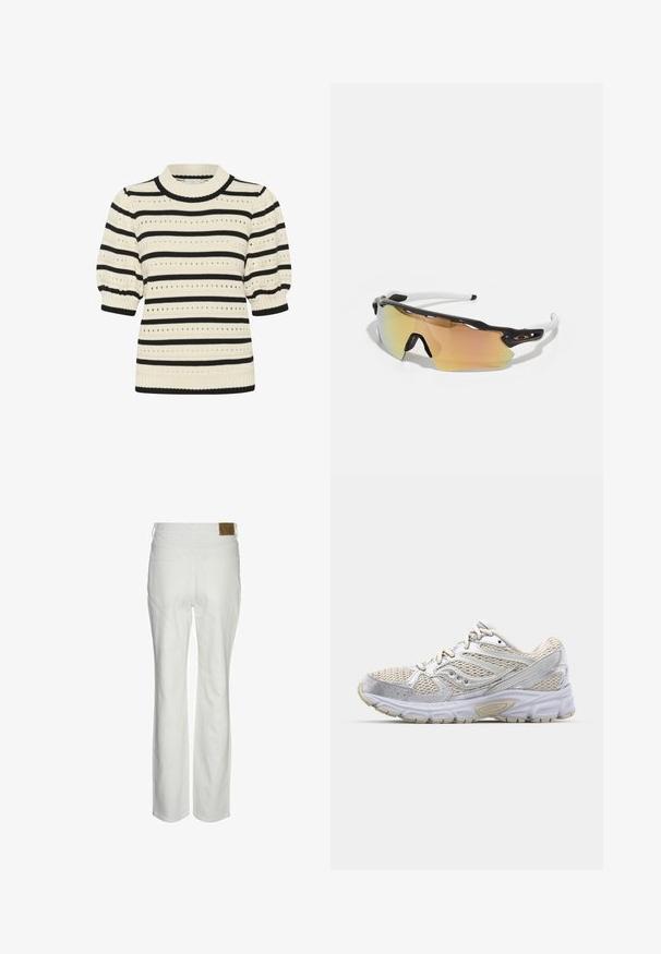 Megzta megija su kreminės ir juodos horizontaliomis juostomis, trumpomis pūstomis rankovėmis, raištiniu apykaklės kraštu ir akytomis raštais visoje megijoje.; Balti aukštu liemeniu kelnių, pagamintų iš medvilnės mišinio. Turi tiesią kojų kirpimą, dvi galines kišenes ir pažymėtą rudą etiketę ant liemens.; Lengvas bėgimo batelis su baltu tinklu ir sidabro akcentais, paminkštintu padu ir tekstūruota guminėmis išorinėmis dalimis, užtikrinančiomis sukibimą.; Akiniai nuo saulės su juodai balta rėmu, dideliais veidrodiniais objektyvais auksinėmis ir rožinėmis atspalviais, aerodinaminis dizainas ir išplėstas išorinis rėmelis.