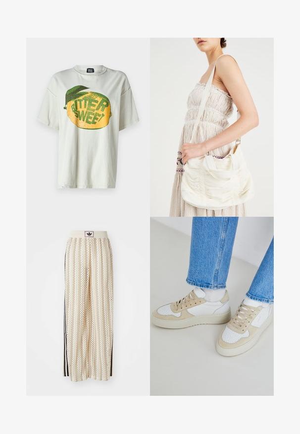 Lichtgrijs katoenen t-shirt met een grote gele citroenafbeelding en groene tekst "BITTER SWEET" met een groene blaadje accent.; Crème kleurige wijde broek met een zigzagpatroon, met een zwarte logo tailleband en zij zwarte strepen. Lichtgewicht, gestructureerde stof.; Witte en beige sneakers met geperforeerde details, een glad leren bovenwerk en een dikke rubberen zool. Gecombineerd met lichtblauwe jeans.; Witte stoffen schoudertas met geraffineerde textuur, verstelbare schouderband en zilverkleurige hardware. Naast een crèmekleurige jurk weergegeven.